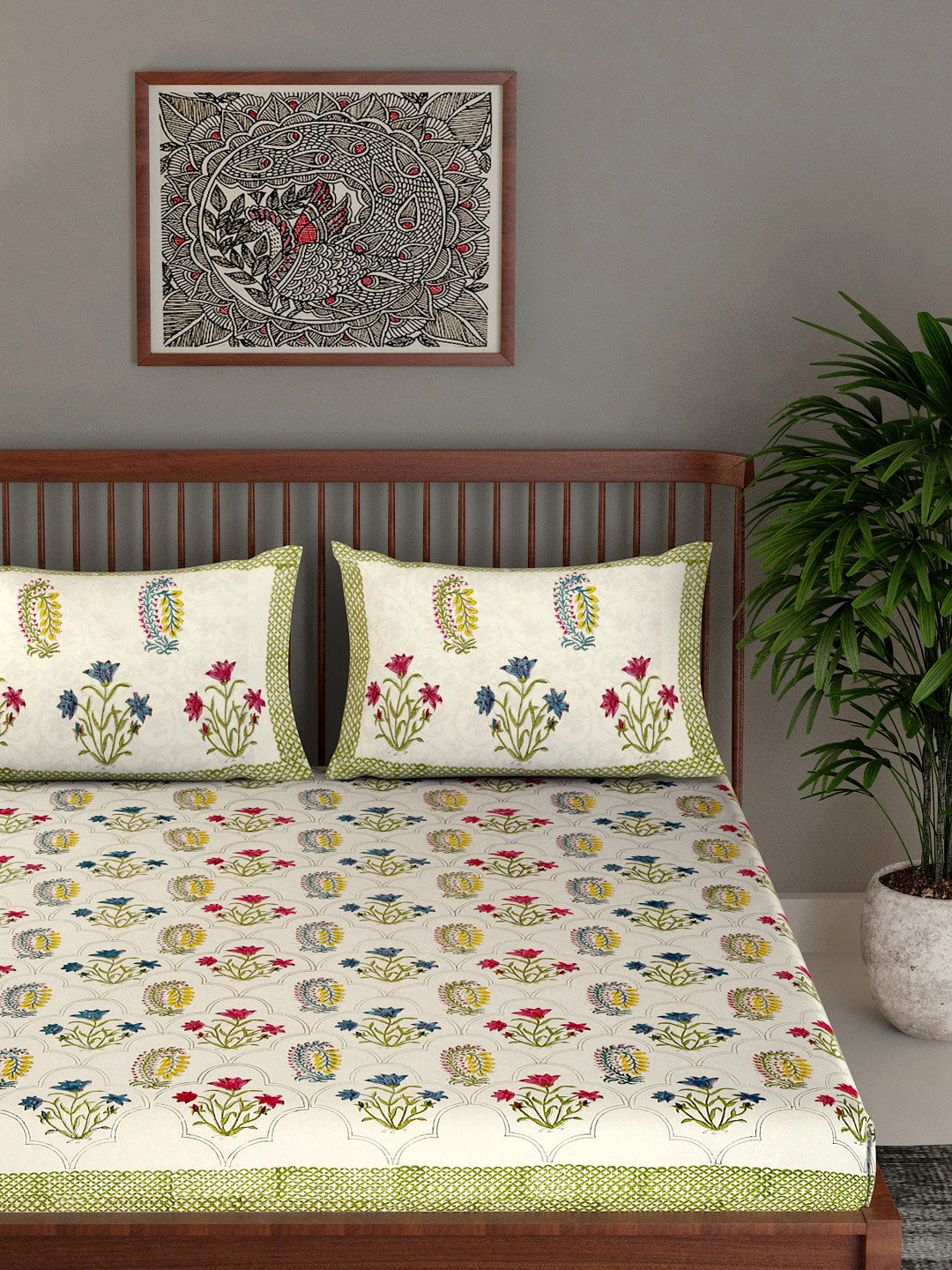 

EK BY EKTA KAPOOR Cream-Coloured Gulistaan Block 120 TC King Bedsheet & 2 Pillow Covers