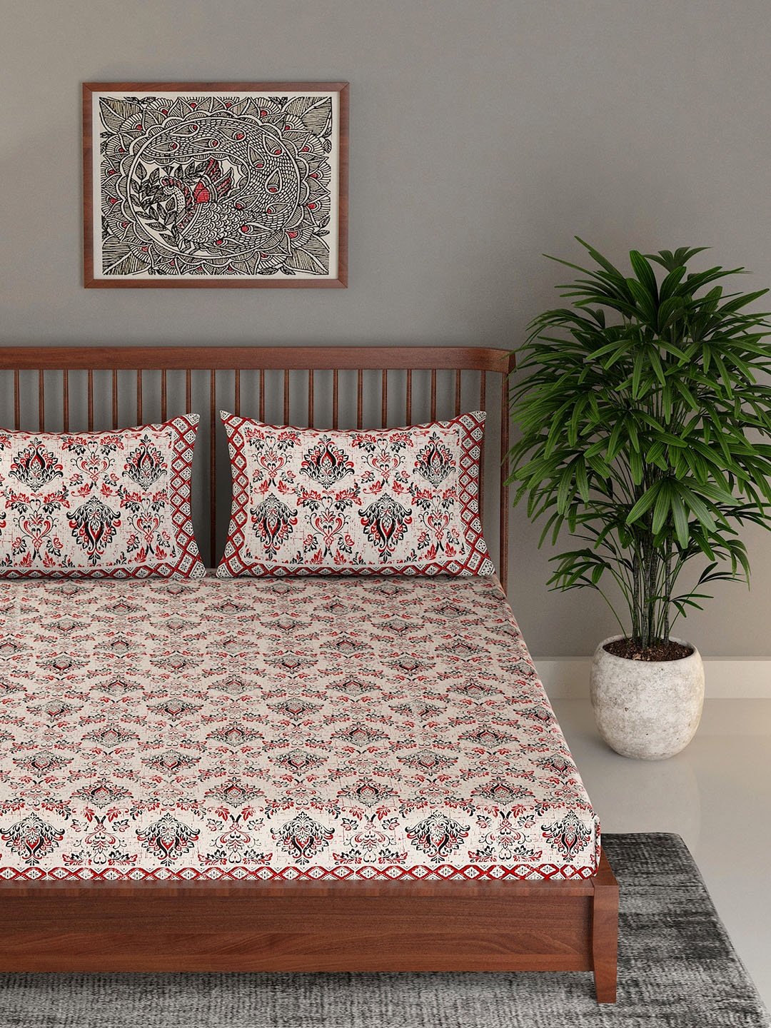 

EK BY EKTA KAPOOR Pink & White Alankar Screen Cotton 120 TC King Bedsheet with 2 Pillow Covers