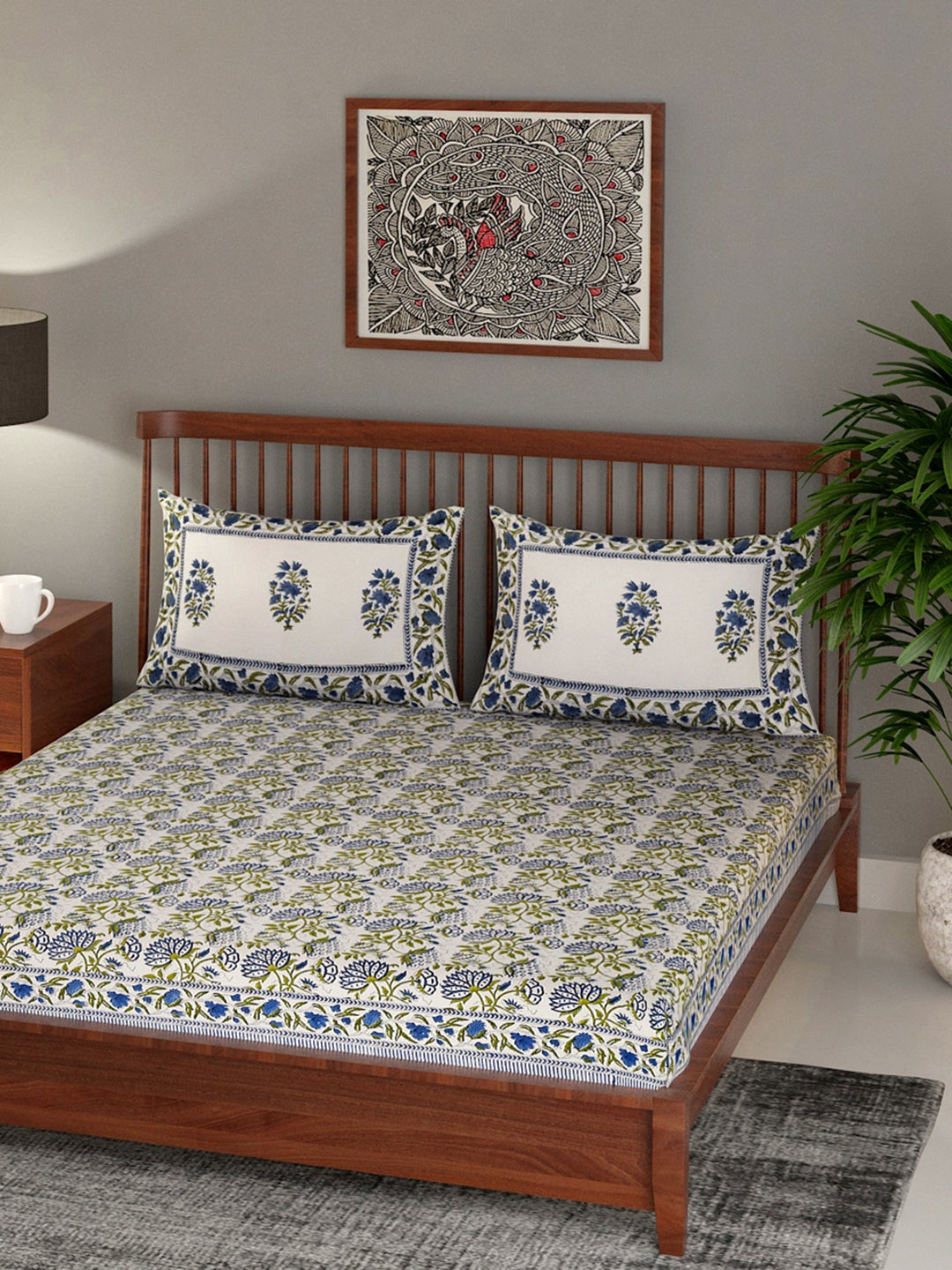 

EK BY EKTA KAPOOR Mughal Jaal Block Printed Cotton 120 TC King Size Bedsheet, White