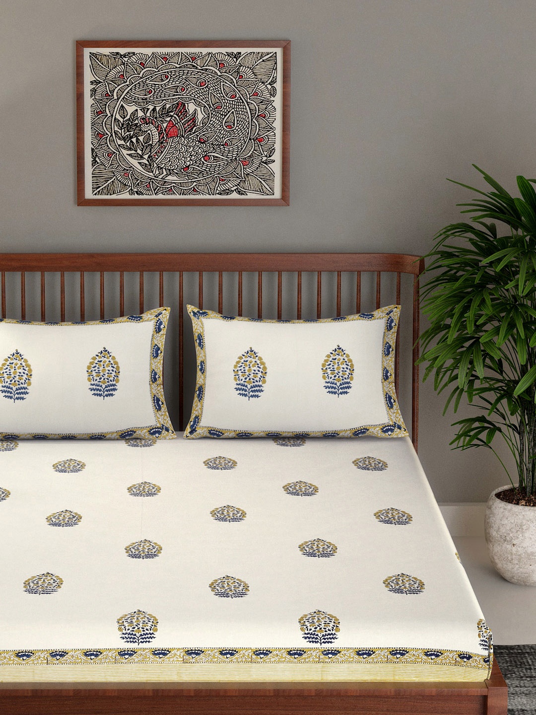 

EK BY EKTA KAPOOR Alankar Block Printed 120 TC Cotton King Bedsheet with 2 Pillow Covers, Yellow