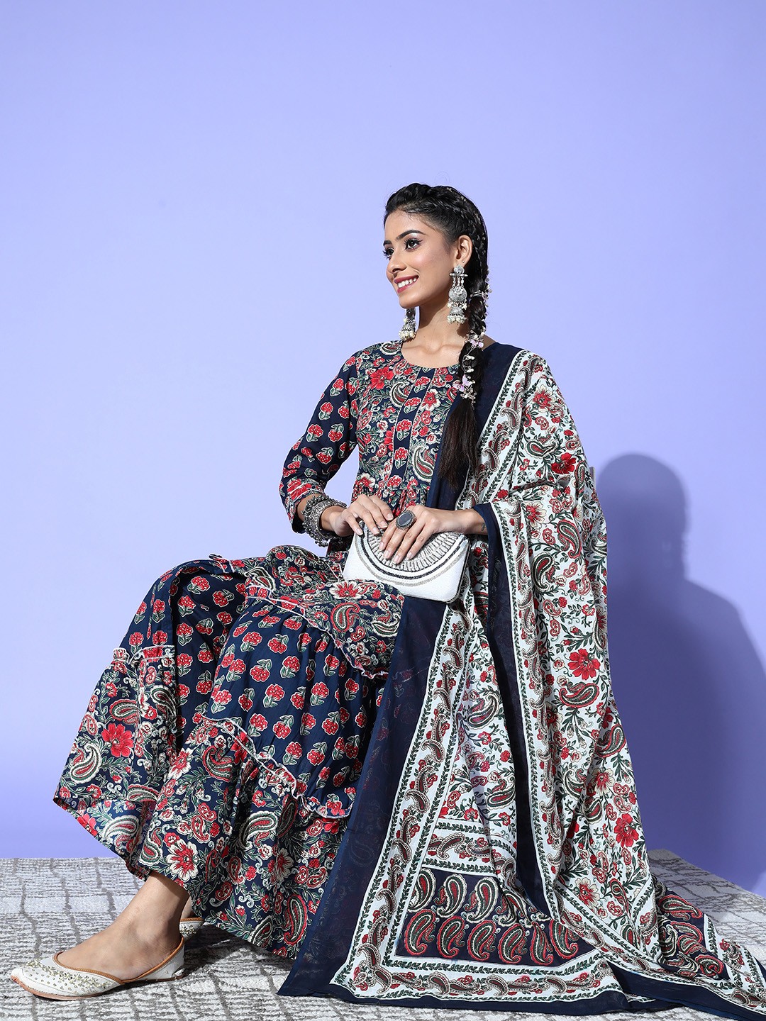 

Yufta Women Ethnic Motifs Pure Cotton Print Parade Kurta Set, Navy blue