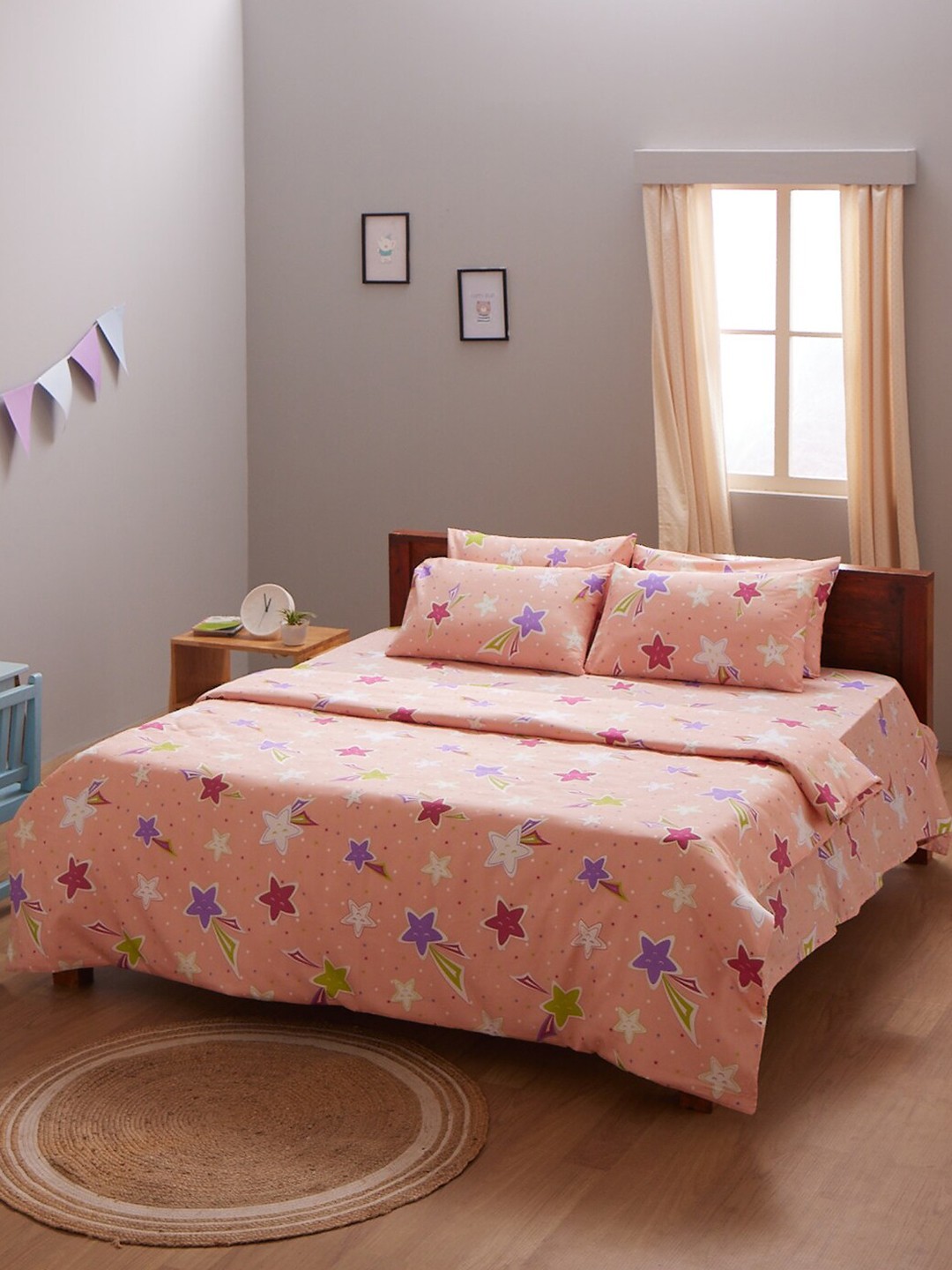 

BLUE DAHLIA Peach-Coloured Printed 250 TC King Bedsheet with 2 Pillow Covers