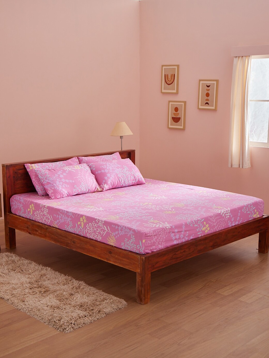 

BLUE DAHLIA Pink Floral 250 TC King Bedsheet with 2 Pillow Covers