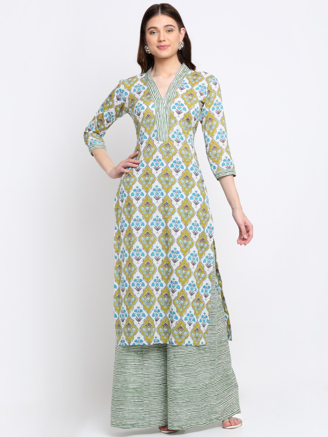 

anokherang Women Lime Green Floral Printed Indie Prints Kurta