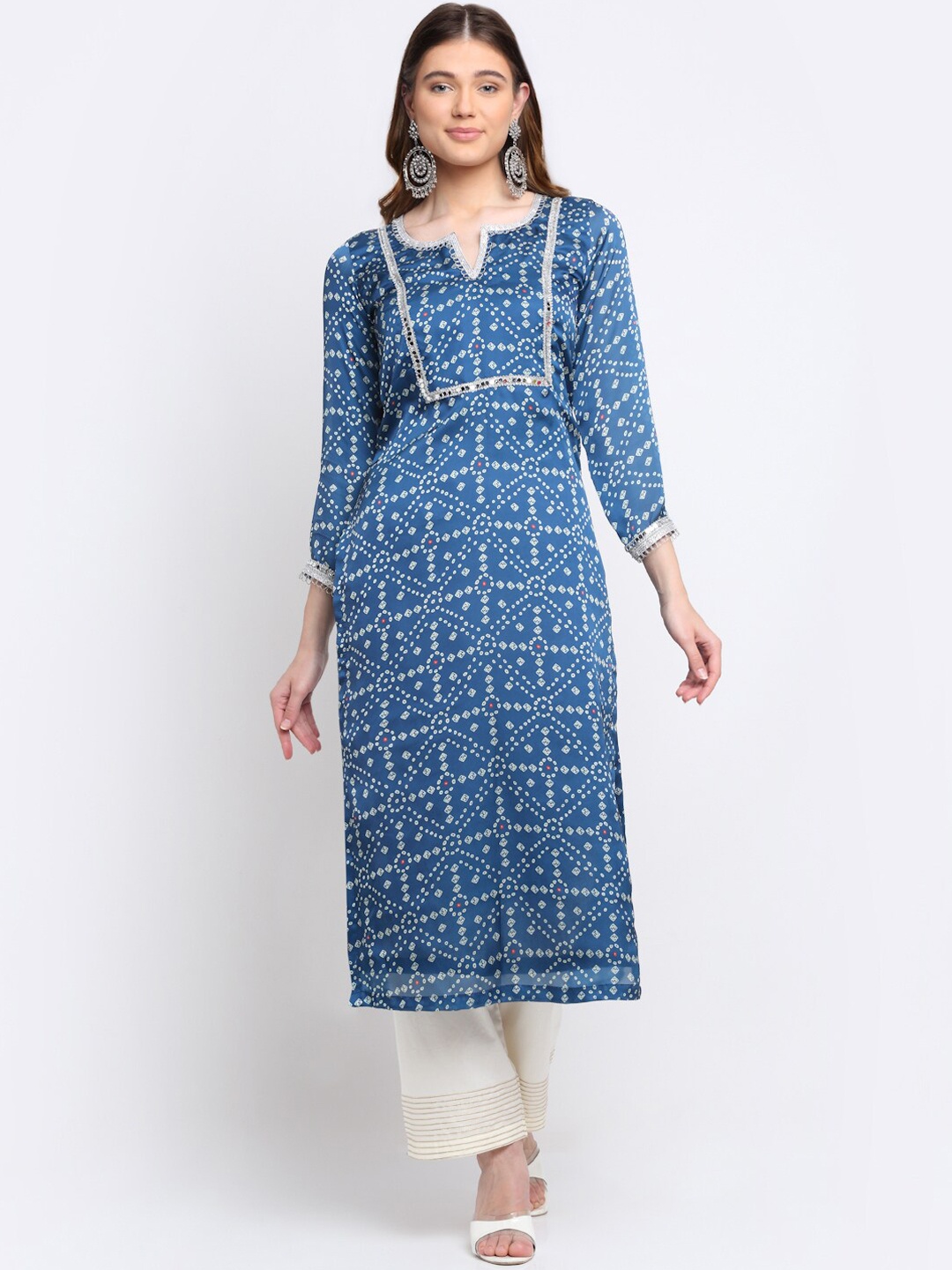 

anokherang Women Navy Blue Printed Mirror Work Indigo Satin Kurta