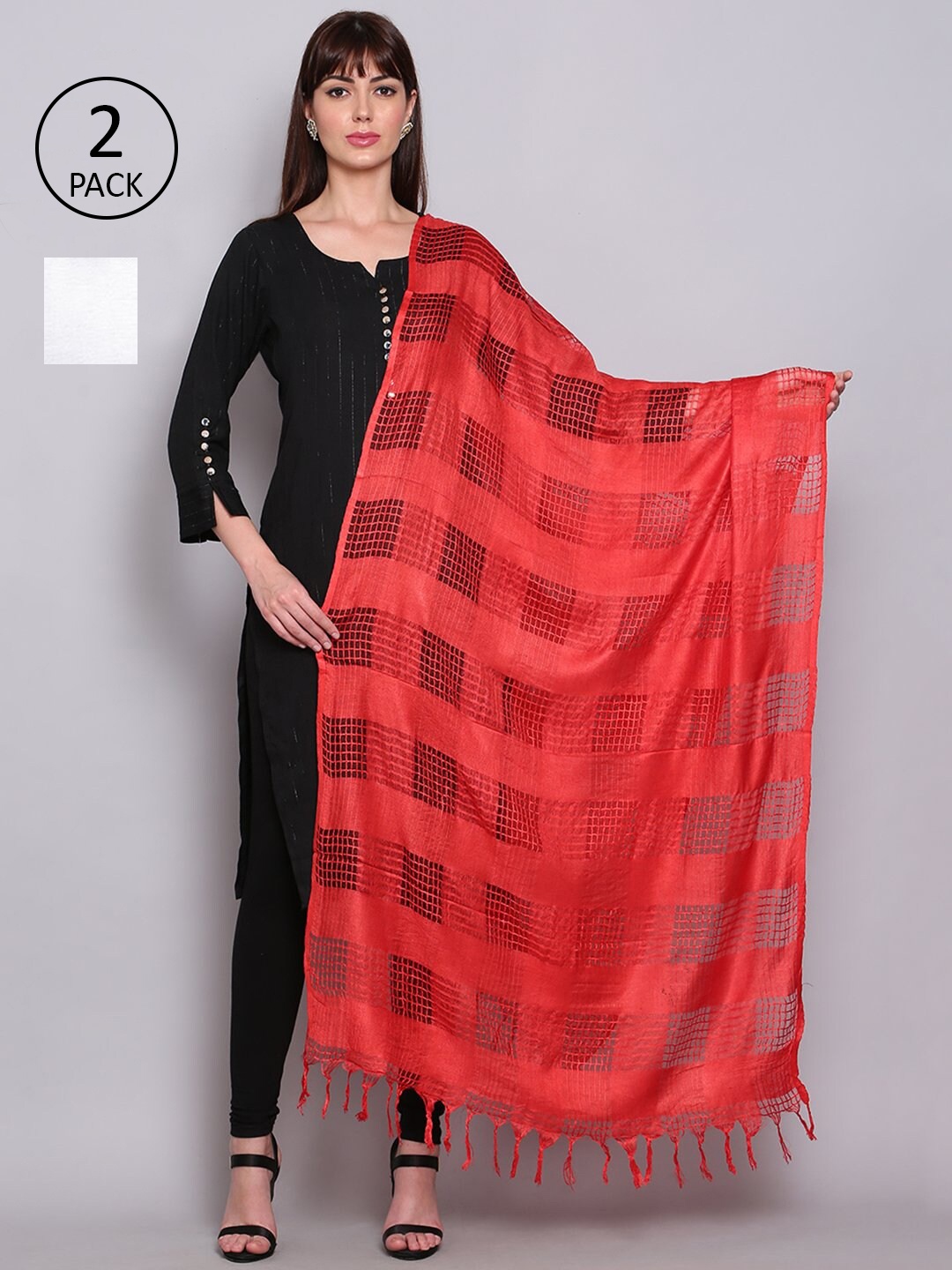 

Miaz Lifestyle Pack Of 2 White & Red Checked Viscose Rayon Dupatta