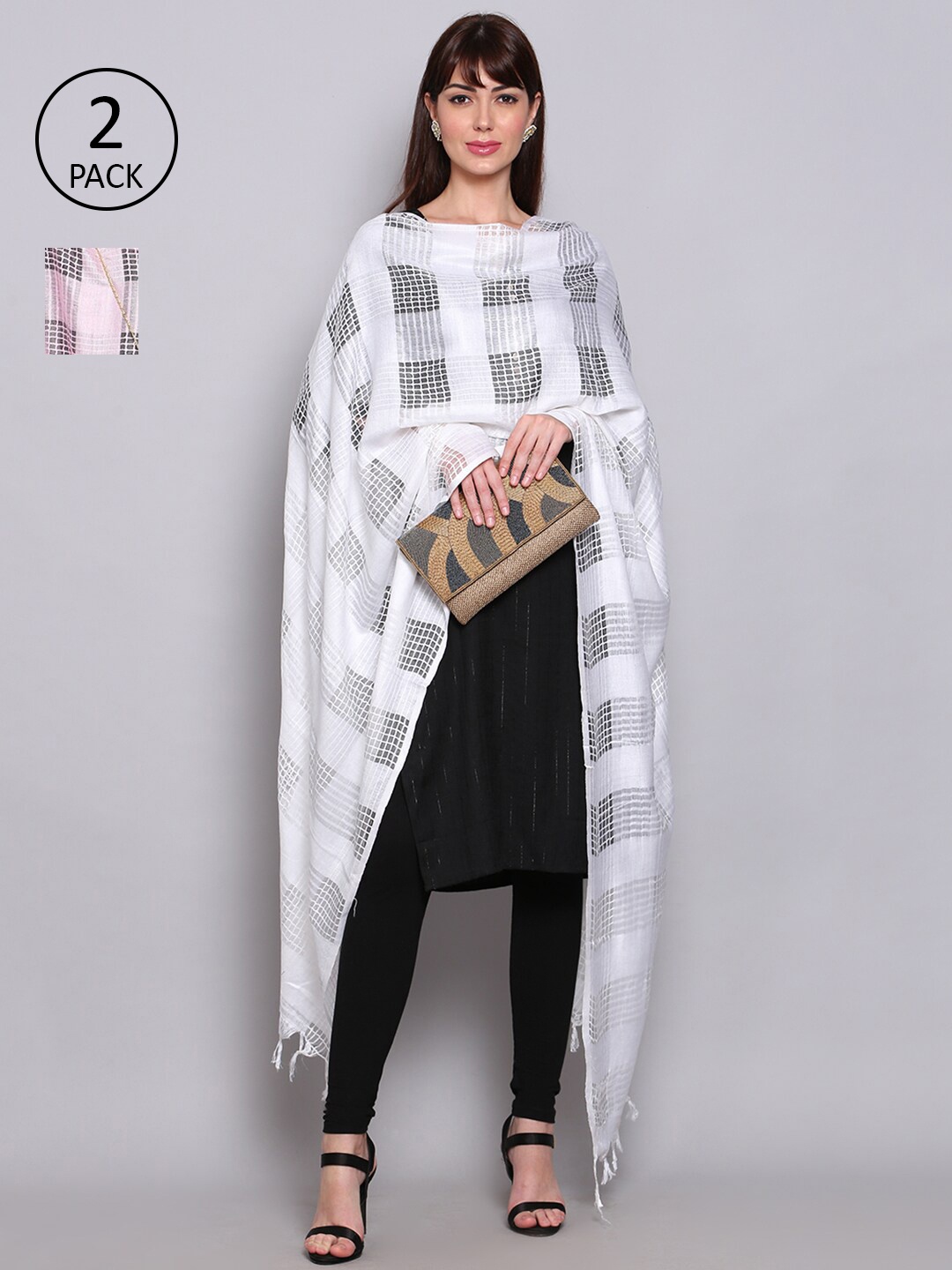 

Miaz Lifestyle Pack of 2 White & Pink Checked Viscose Rayon Dupattas