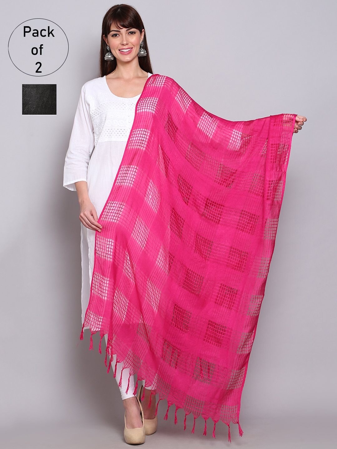 

Miaz Lifestyle Pack of 2 Pink & Black Checked Viscose Rayon Dupattas
