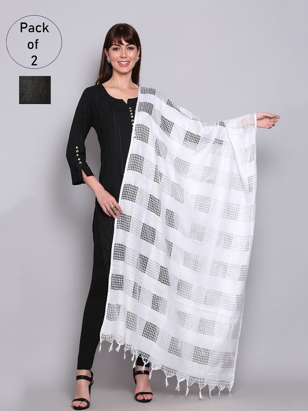 

Miaz Lifestyle White & Black Viscose Rayon Ikat Dupatta with Chikankari