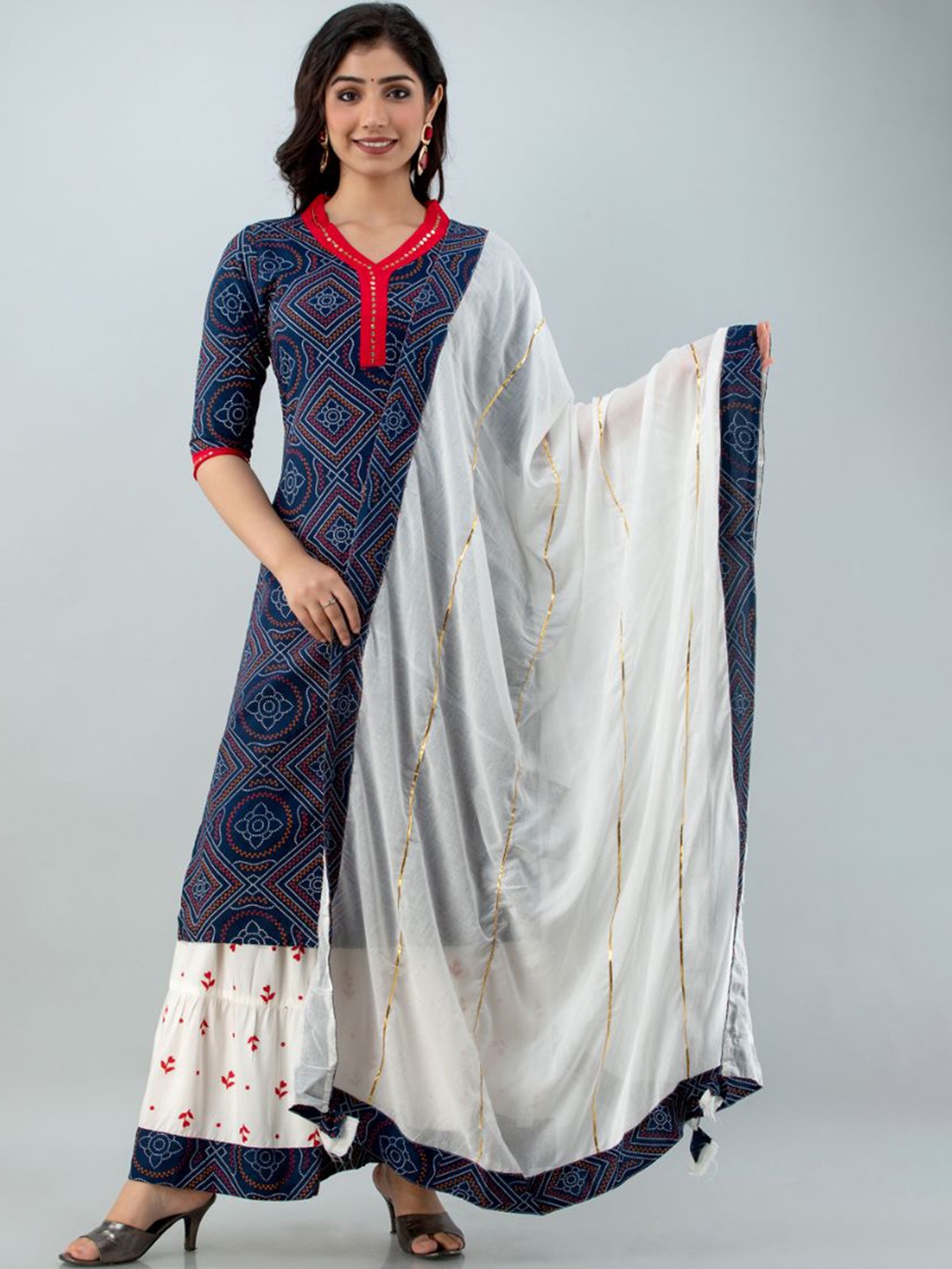 

FABISTA Women Navy Blue printed Kurti with Sharara & Dupatta