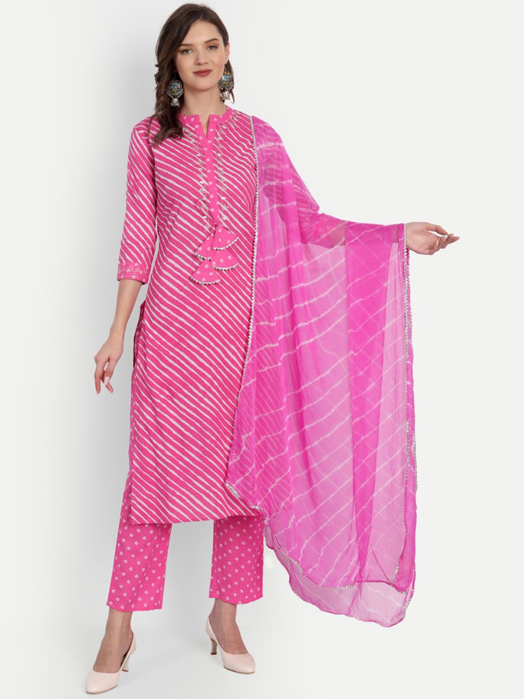 

FABISTA Women Pink Striped Pleated Kurti with Trouser & Dupatta