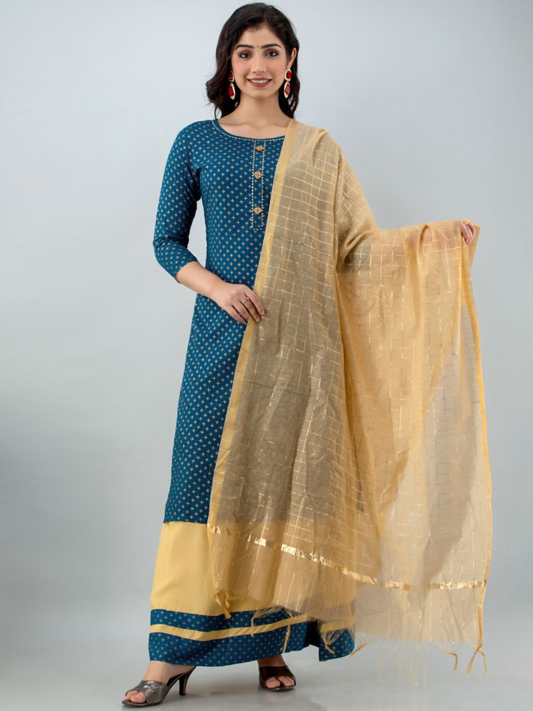 

FABISTA Women Blue Panelled Kurti With Skirt & Dupatta