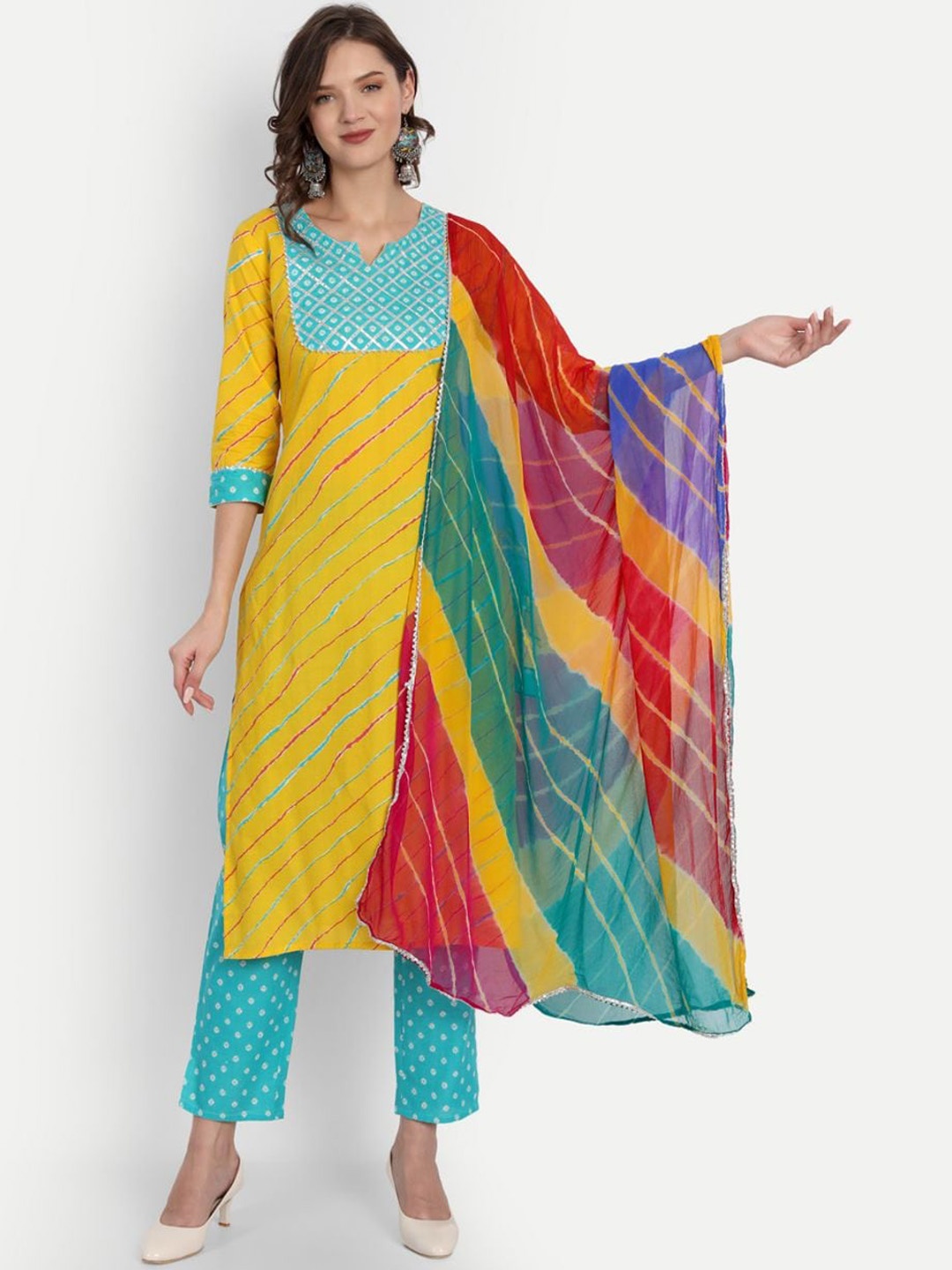 

FABISTA Women Yellow Leheriya Printed Empire Kurta With Trouser & Dupatta