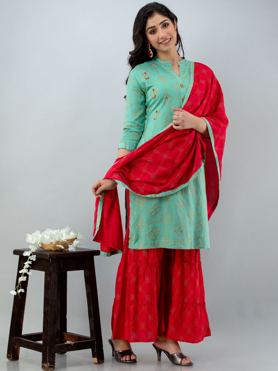 

FABISTA Women Green Pleated Kurti with Sharara & Dupatta