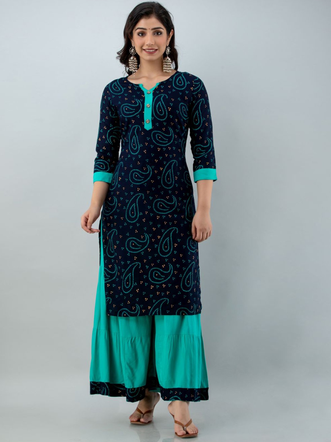 

FABISTA Women Navy Blue Printed Pleated Kurta with Sharara & With Dupatta