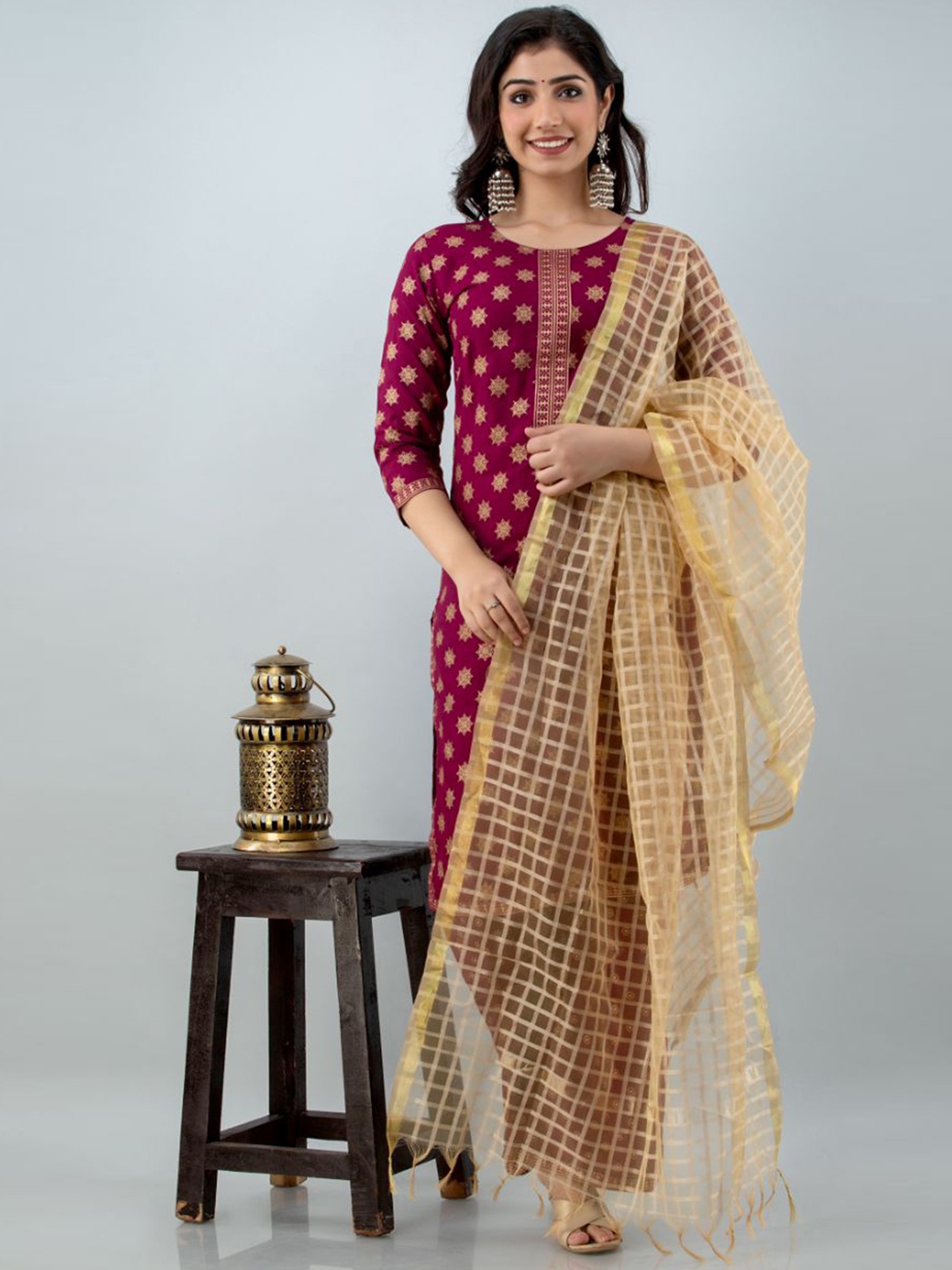 

FABISTA Women Maroon Yoke Design Kurta with Sharara & With Dupatta