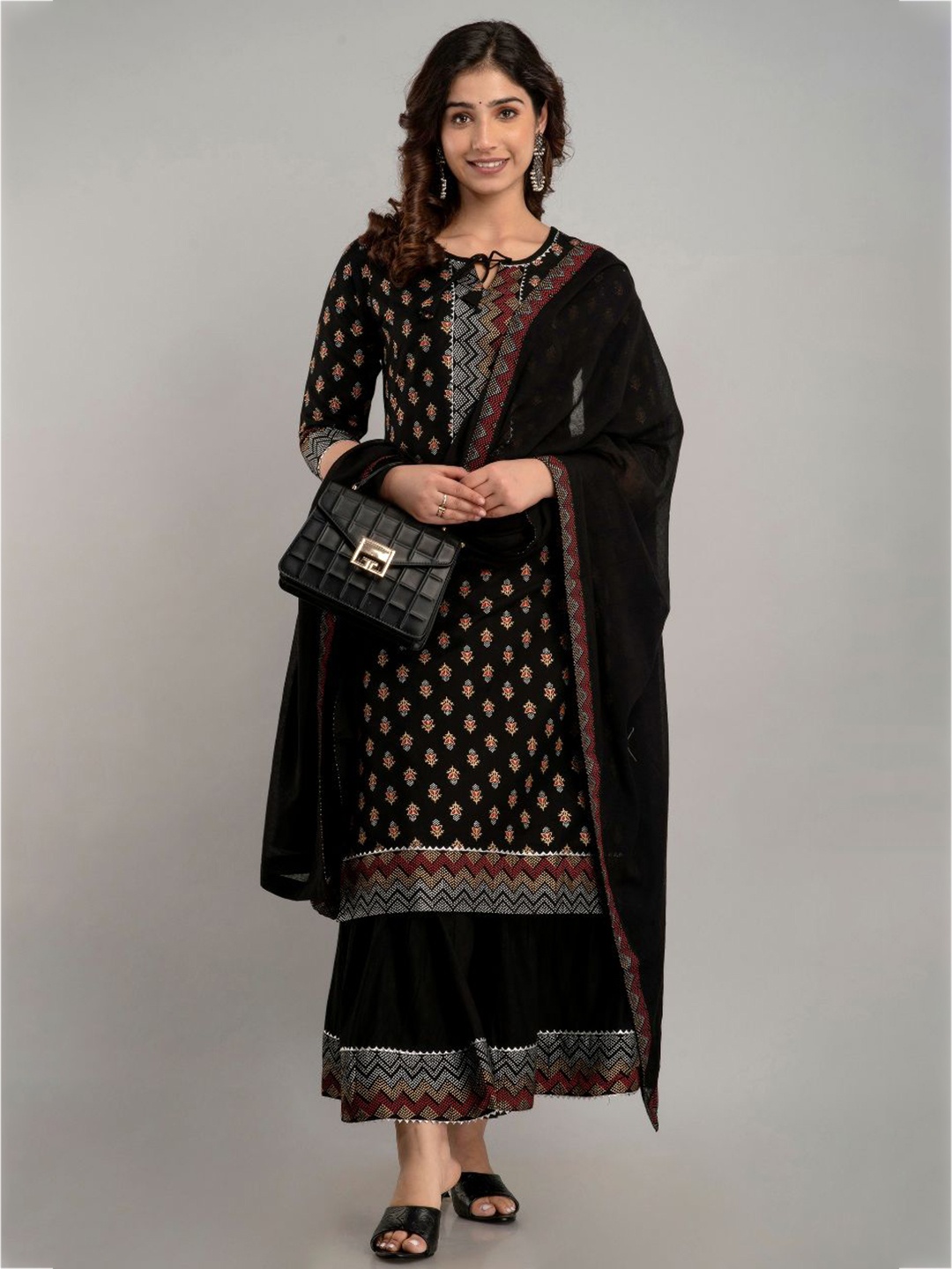 

FABISTA Women Black Ethnic Motifs Layered Kurta with Skirt & With Dupatta