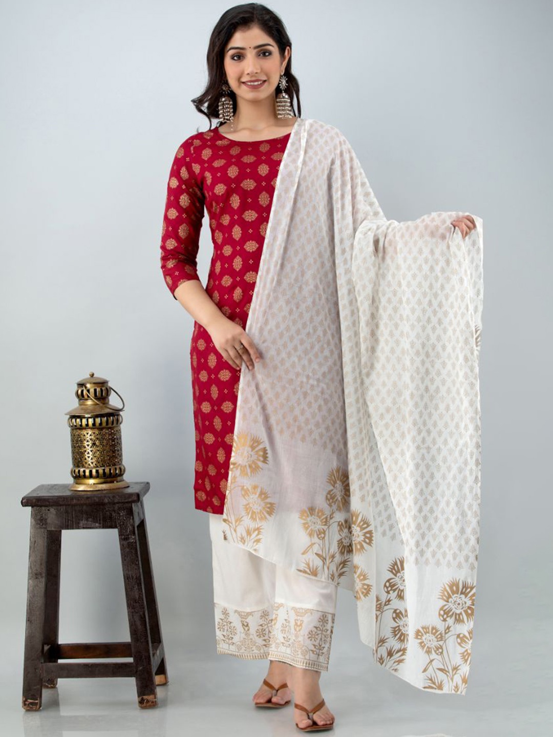 

FABISTA Women Red Ethnic Motifs Printed Kurta with Trousers & With Dupatta