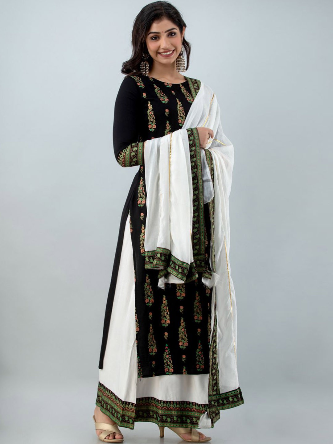 

FABISTA Women Black Ethnic Motifs Printed Kurta with Skirt & With Dupatta