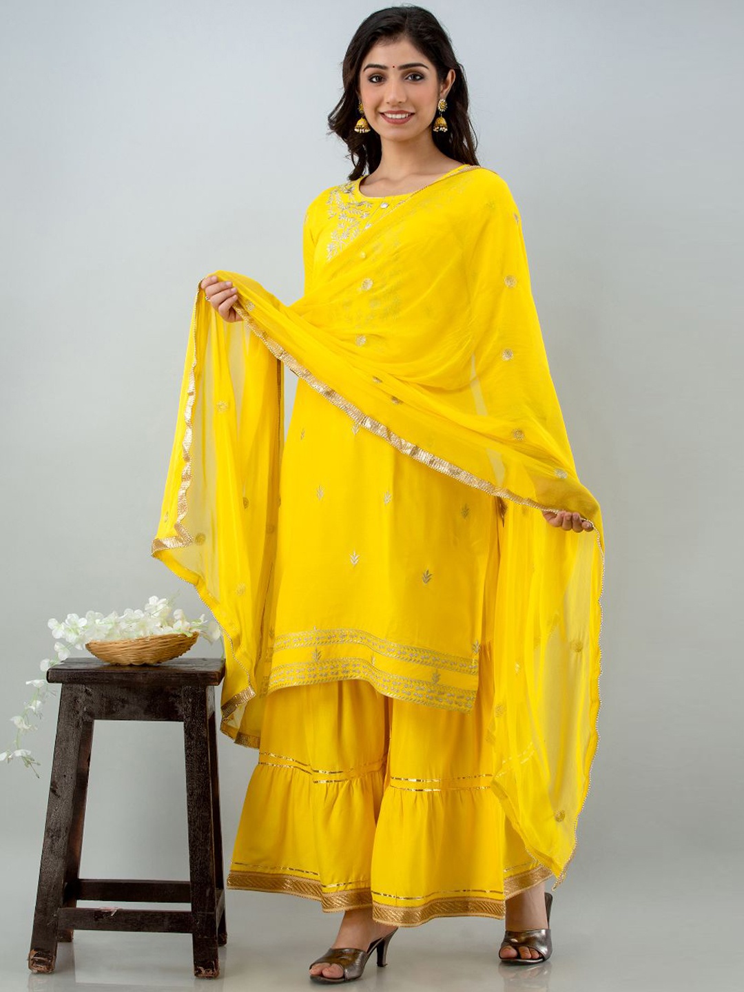 

FABISTA Women Yellow Embroidered Kurta with Sharara & With Dupatta