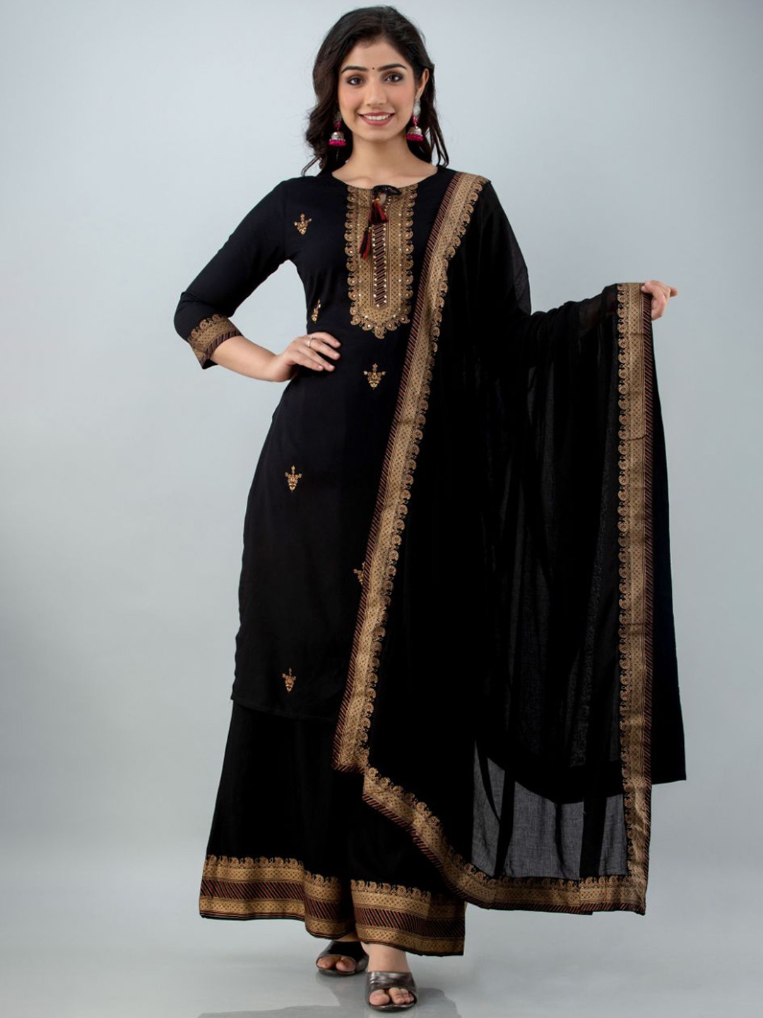 

FABISTA Women Black Ethnic Motifs Printed Kurta with Palazzos & With Dupatta