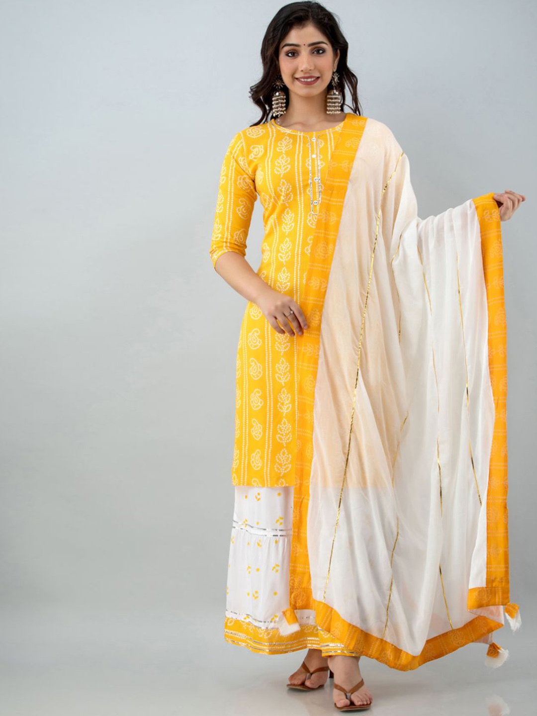 

FABISTA Women Yellow Ethnic Motifs Printed Kurta with Skirt & With Dupatta