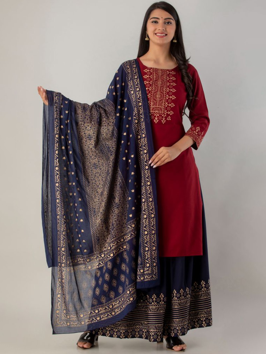 

FABISTA Women Maroon Ethnic Motifs Yoke Design Kurta with Skirt & With Dupatta