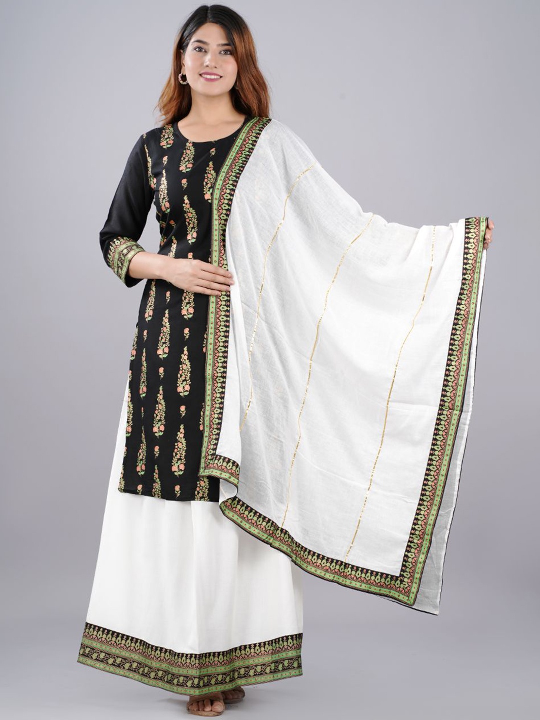 

FABISTA Women Black Ethnic Motifs Embroidered Regular Kurta with Skirt & With Dupatta