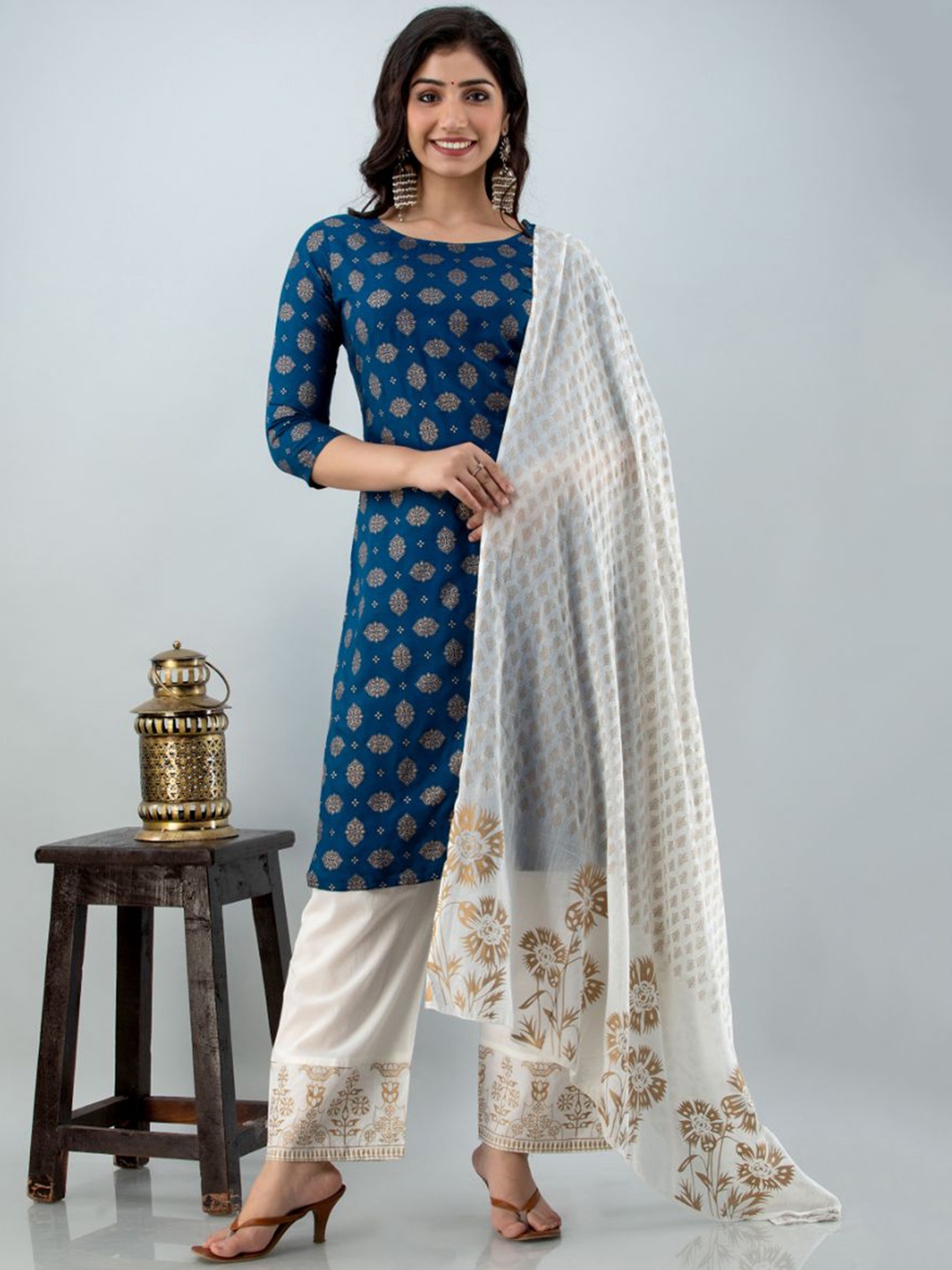 

FABISTA Women Blue Ethnic Motifs Kurta with Palazzos & With Dupatta
