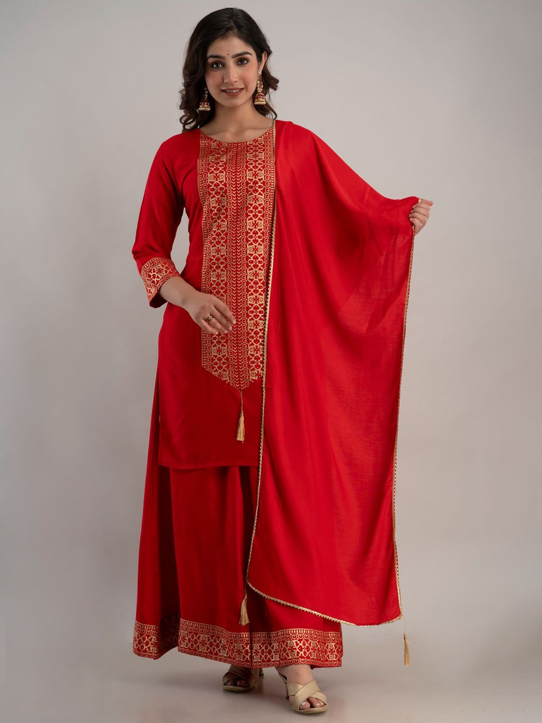 

FABISTA Women Red Ethnic Motifs Embroidered Kurta with Skirt & With Dupatta