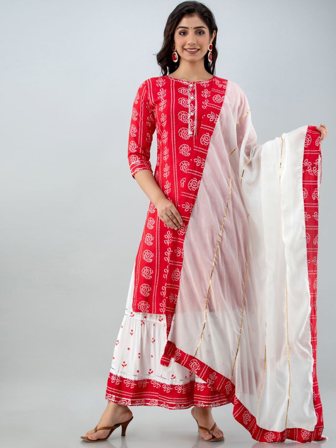 

FABISTA Women Red Ethnic Motifs Kurti with Skirt & With Dupatta
