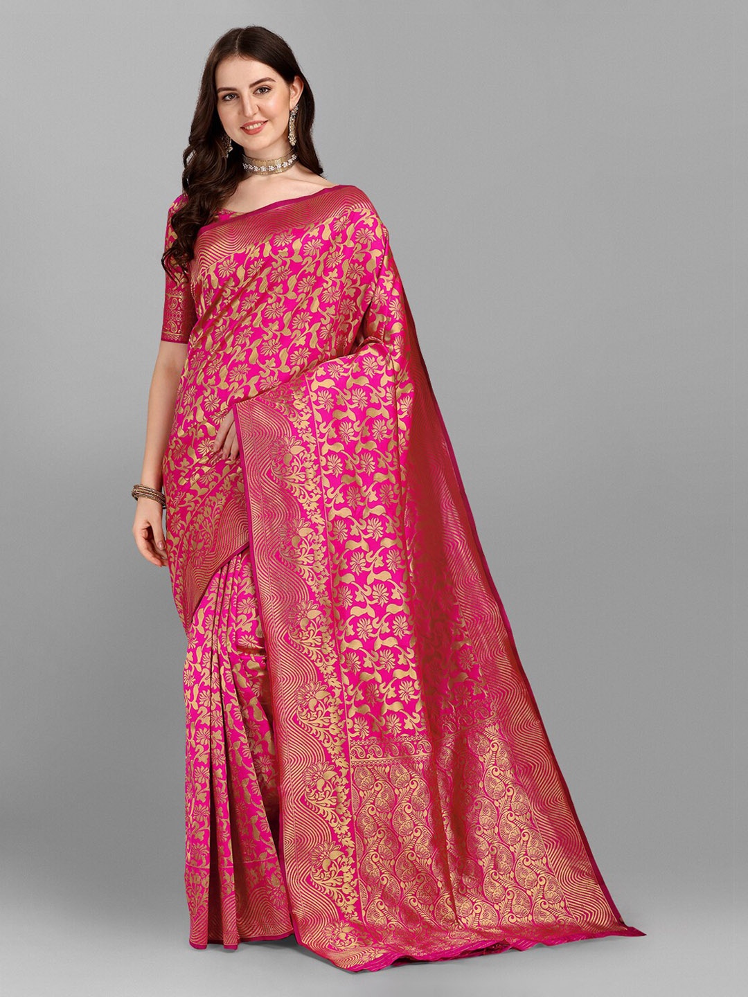 

Fashion Basket Women Pink & Gold-Toned Ethnic Motifs Saree