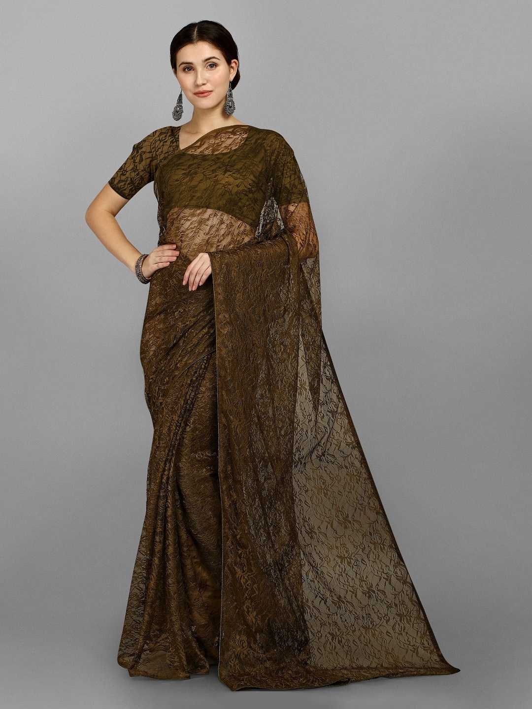 

Fashion Basket Women Olive Green Floral Net Saree