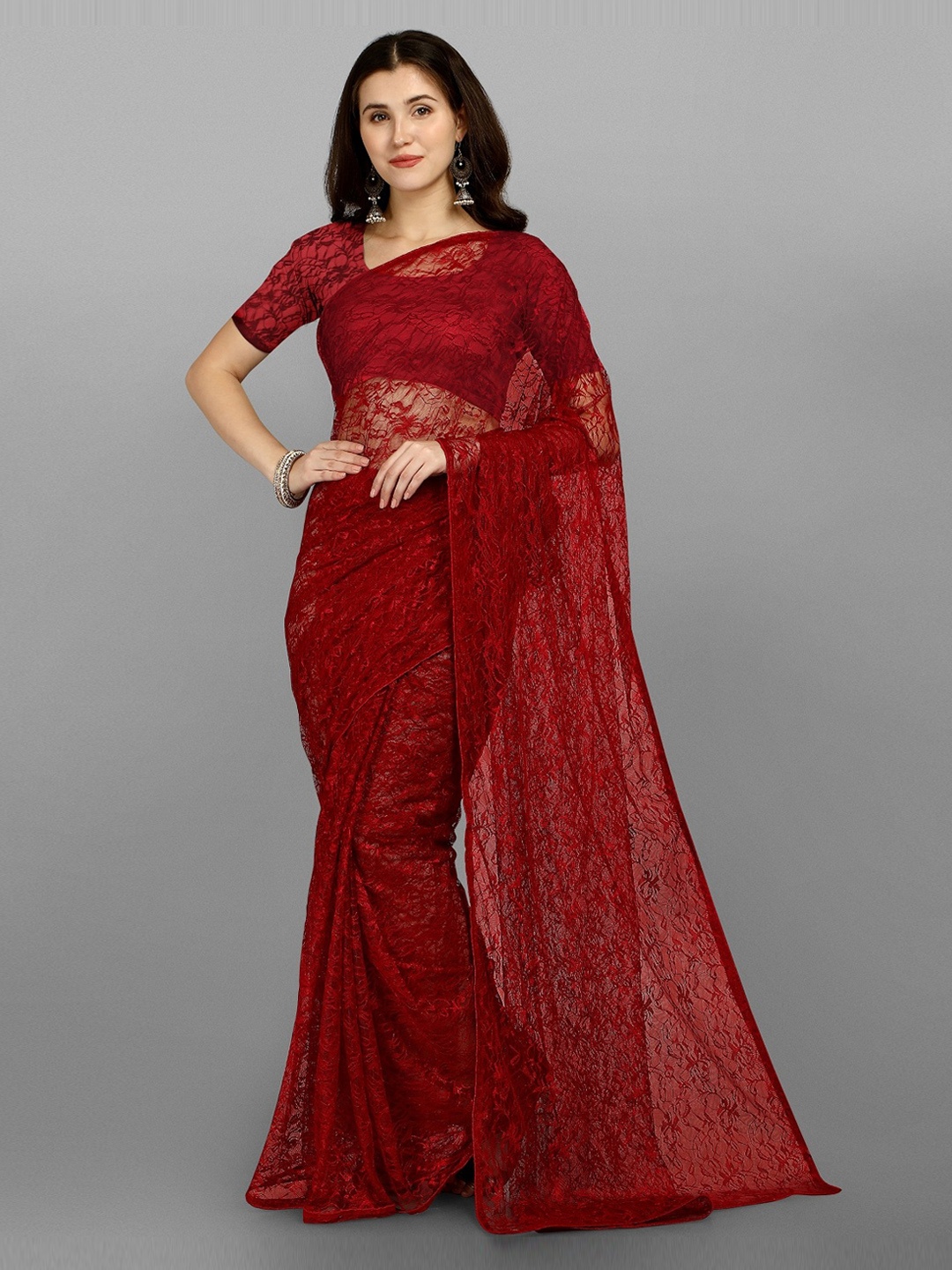 

Fashion Basket Maroon Woven Design Net Saree