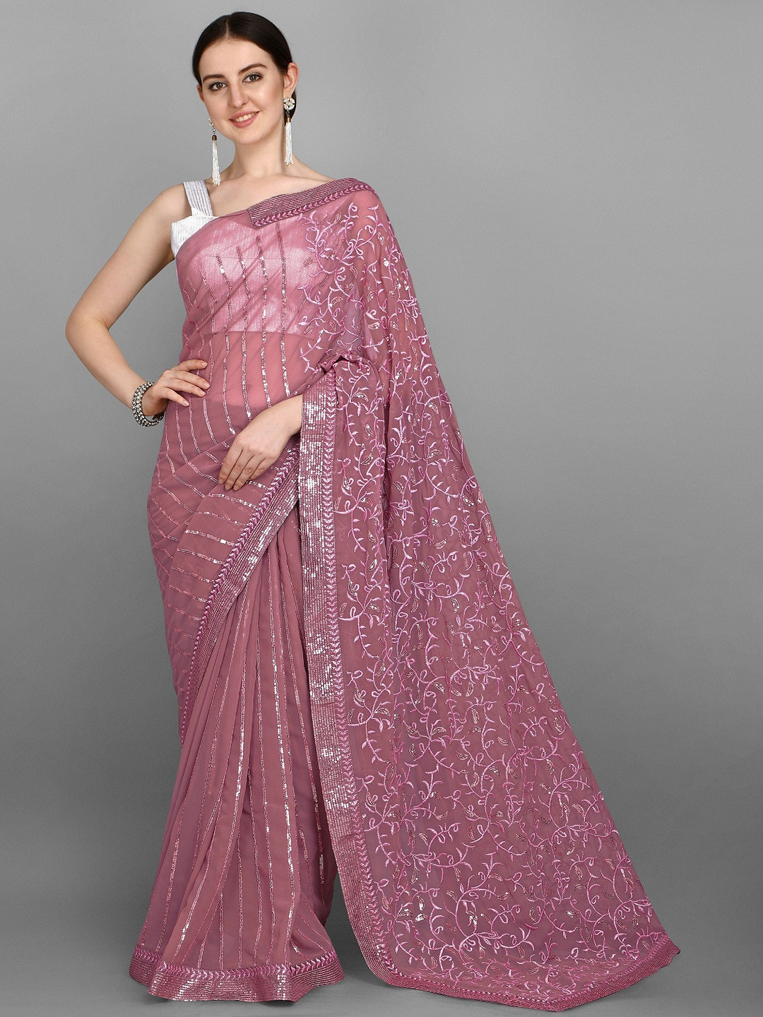 

Fashion Basket Purple Floral Embroidered Sequinned Pure Georgette Saree
