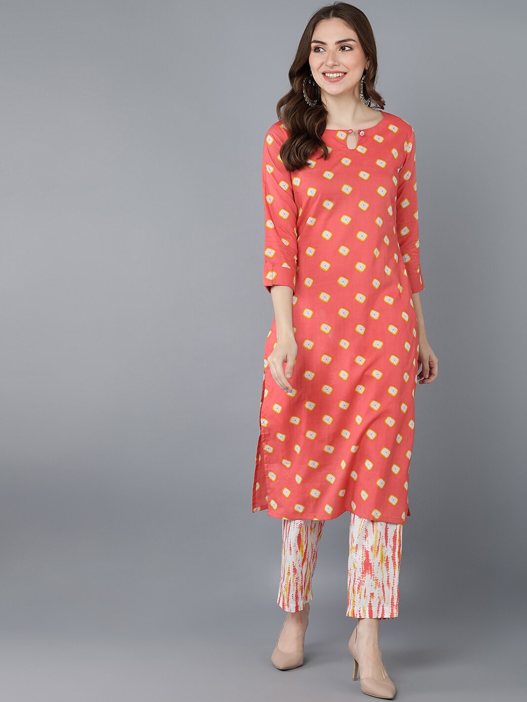 

AHIKA Women Coral Bandhani Printed Pure Cotton Kurta with Trousers