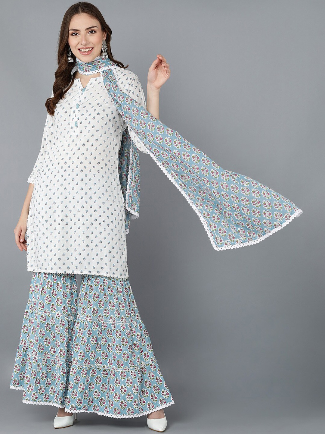 

AHIKA Women White Floral Printed Pure Cotton Kurta with Sharara & With Dupatta