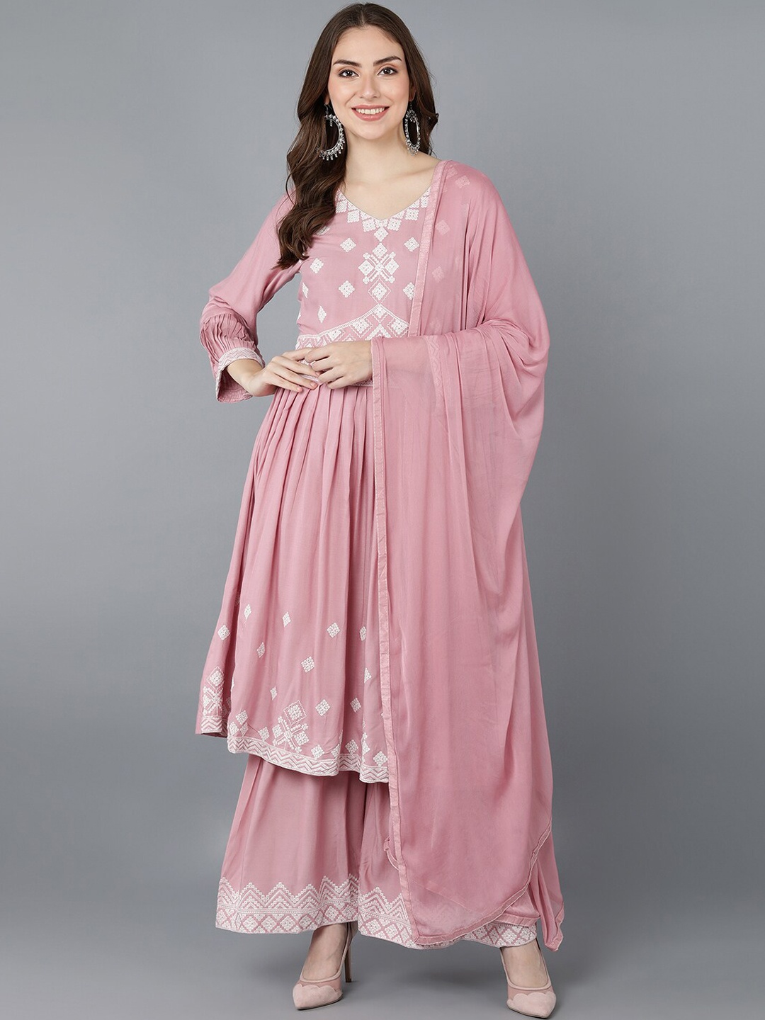 

AHIKA Women Pink Embroidered Kurta with Sharara & With Dupatta