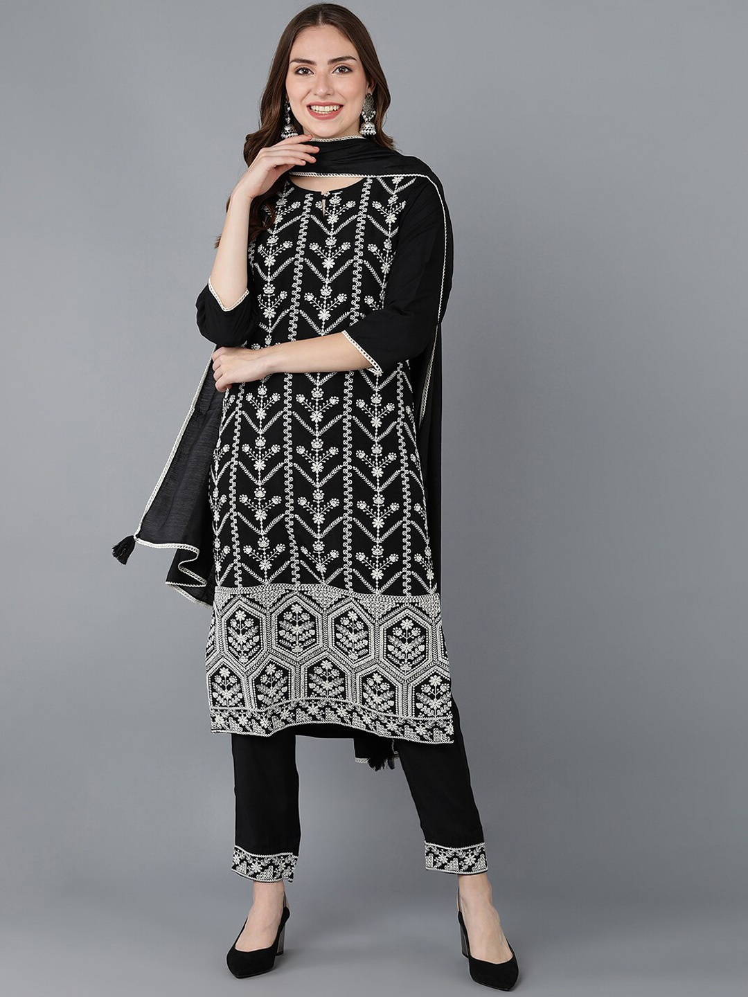 

AHIKA Women Charcoal Floral Embroidered Kurta with Trousers & With Dupatta