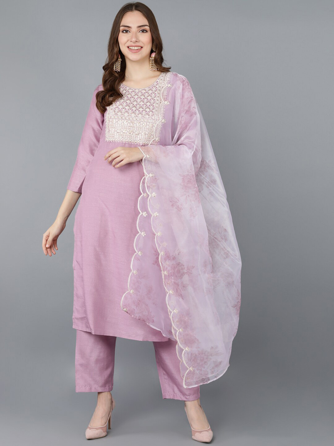 

AHIKA Women Lavender Empire Design Panelled Kurta with Trousers & Dupatta