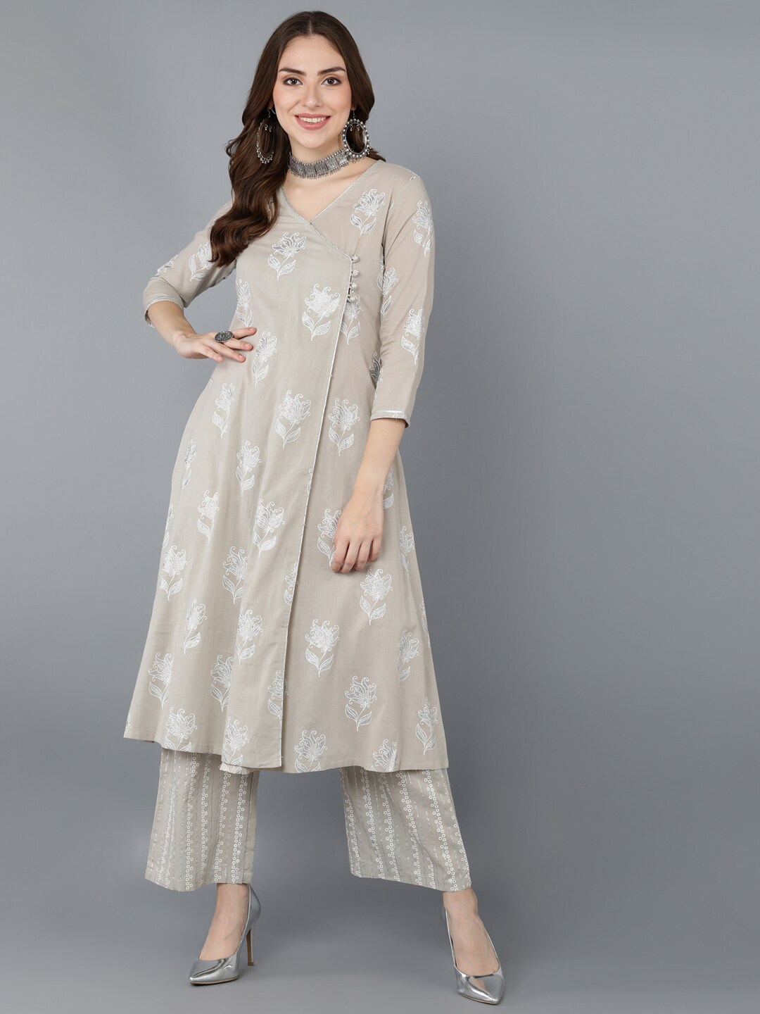 

AHIKA Women Grey Floral Print Angrakha Pure Cotton Kurti with Palazzo
