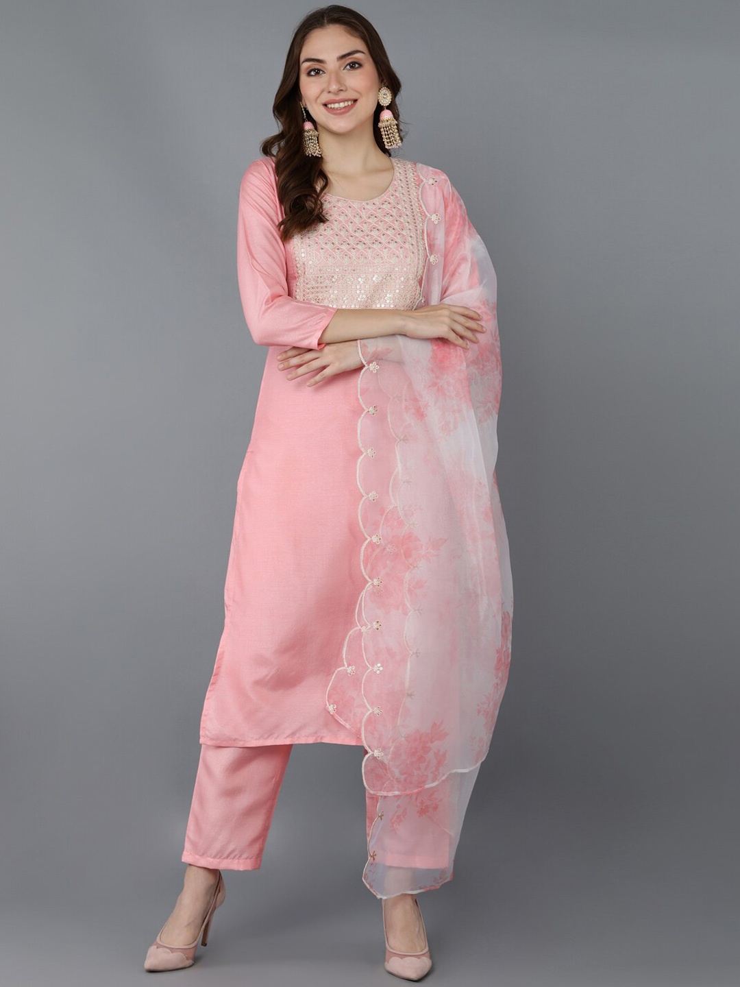 

AHIKA Women Pink Yoke Design Kurti with Trouser & Dupatta