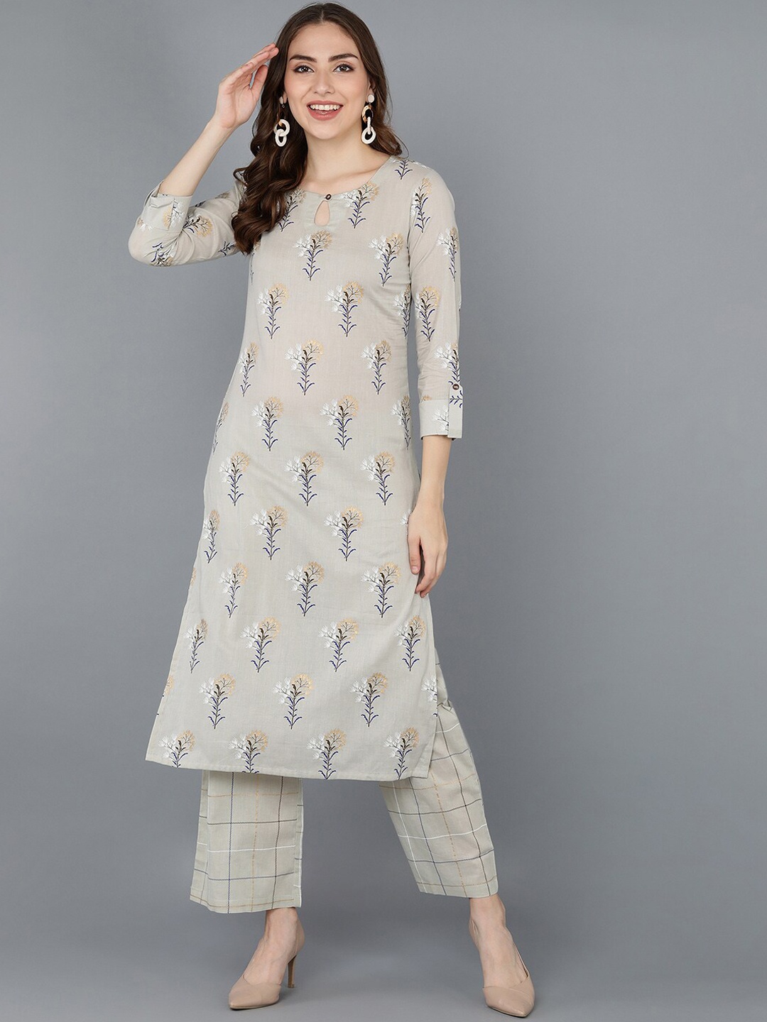 

AHIKA Women Beige Ethnic Motifs Printed Pure Cotton Kurta with Palazzos