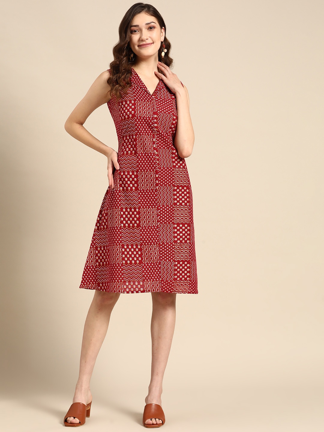 

Sangria Maroon & Golden Pure Cotton Block Print Ethnic A-Line Dress