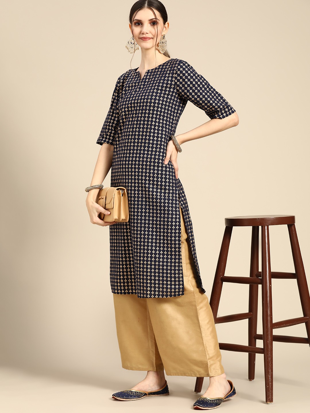 

Sangria Women Navy Blue & Golden Pure Cotton Ethnic Motifs Printed Kurta