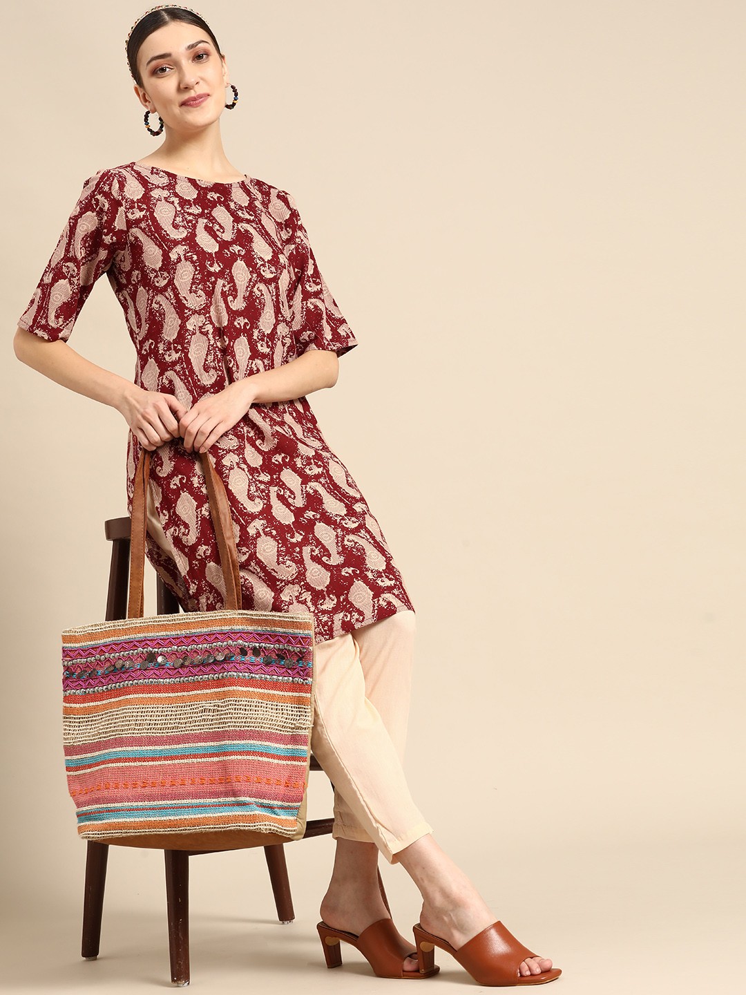 

Sangria Women Maroon & Cream-Coloured Paisley Pure Cotton Kurta with Trousers