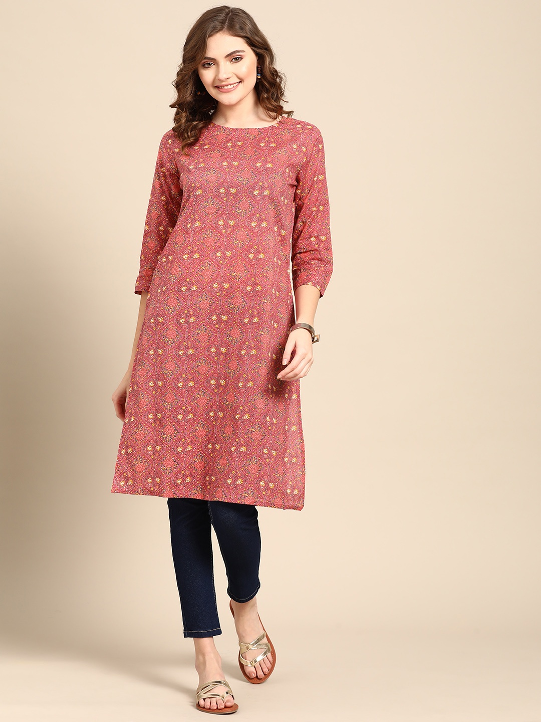 

Sangria Women Pink & Yellow Ethnic Motifs Printed Cotton Kurta