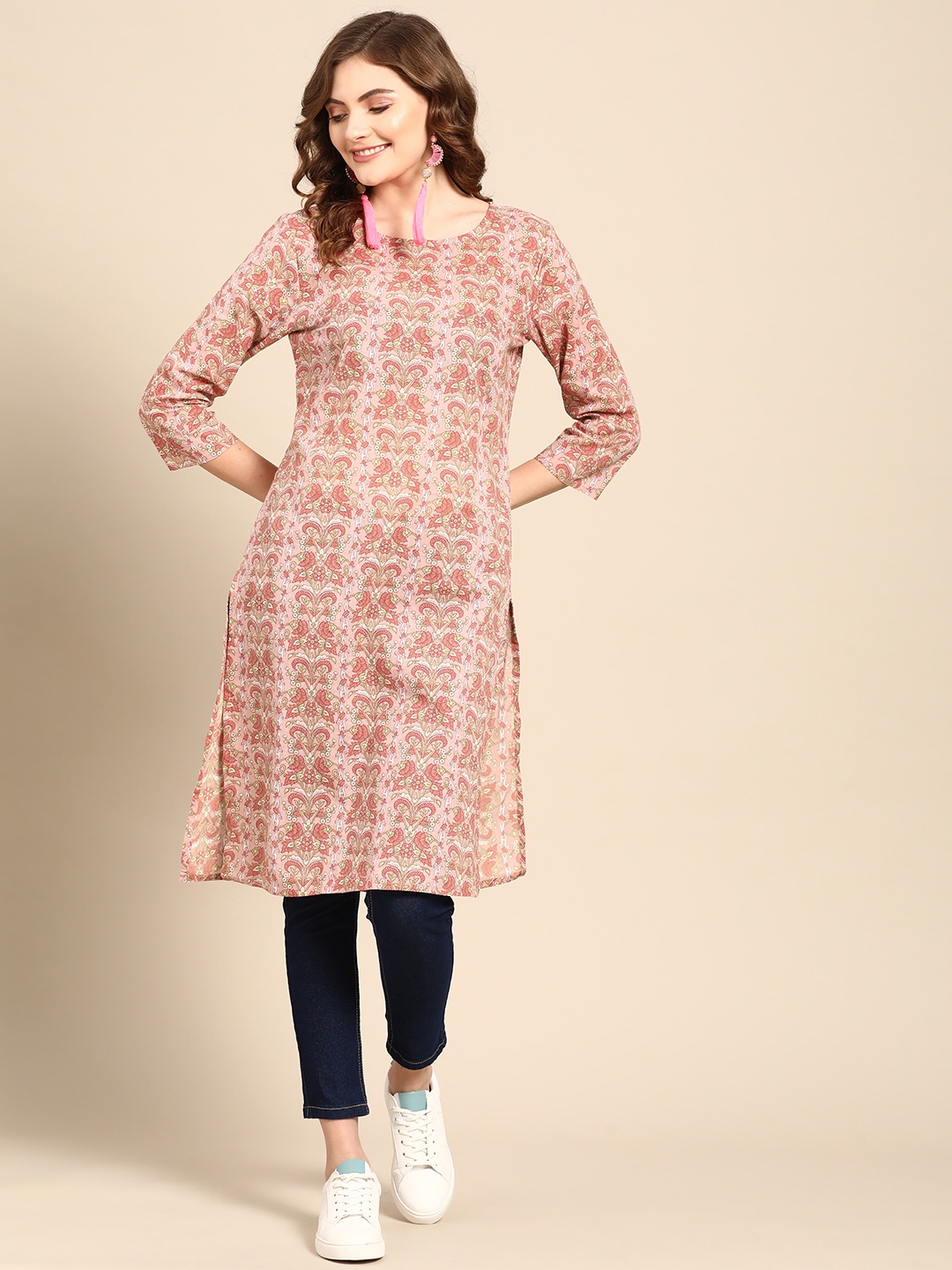 

Sangria Women Pink & Green Ethnic Motifs Printed Cotton Kurta