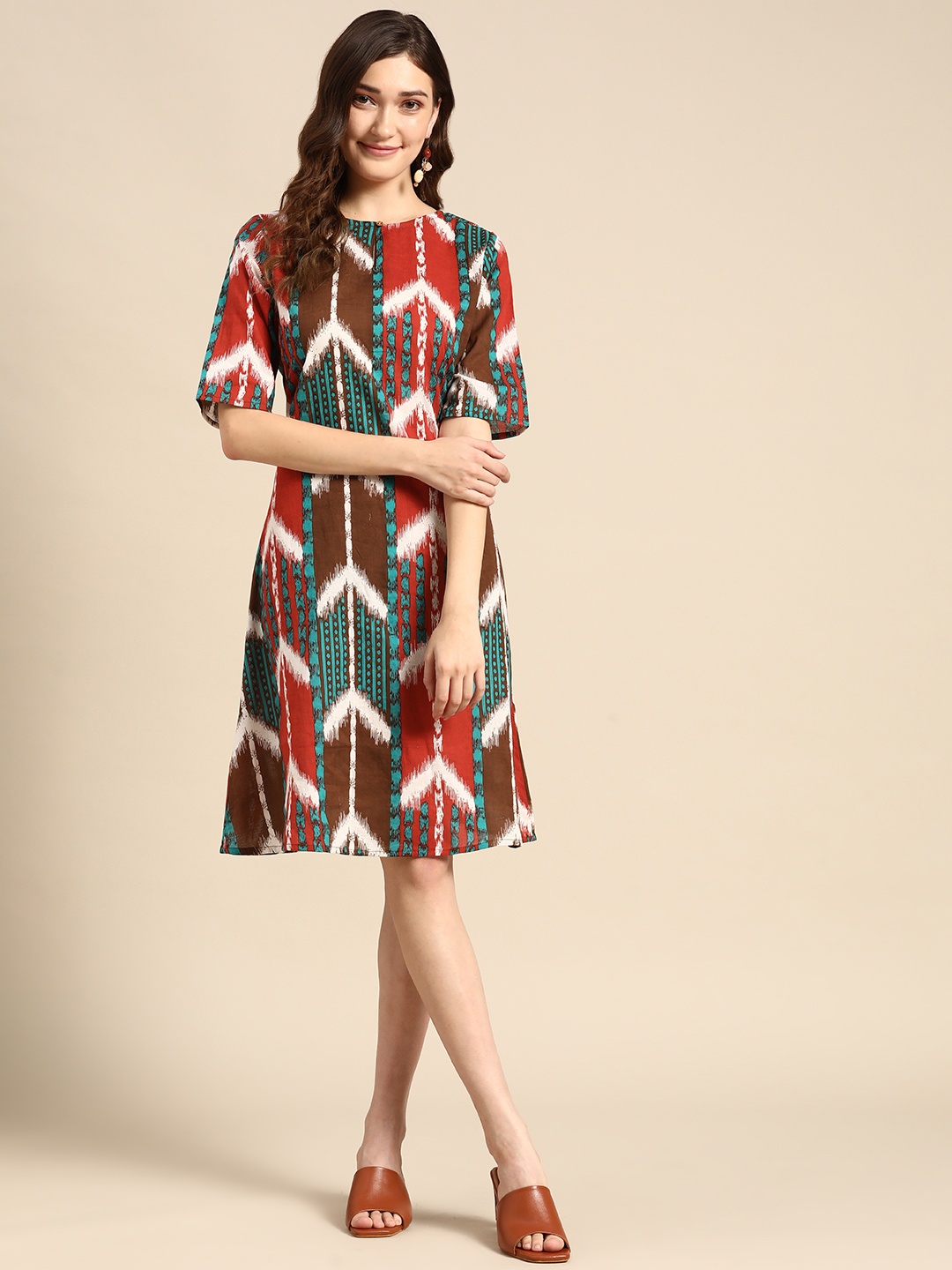 

Sangria Green & Brown Keyhole Neck Ethnic A-Line Pure Cotton Dress