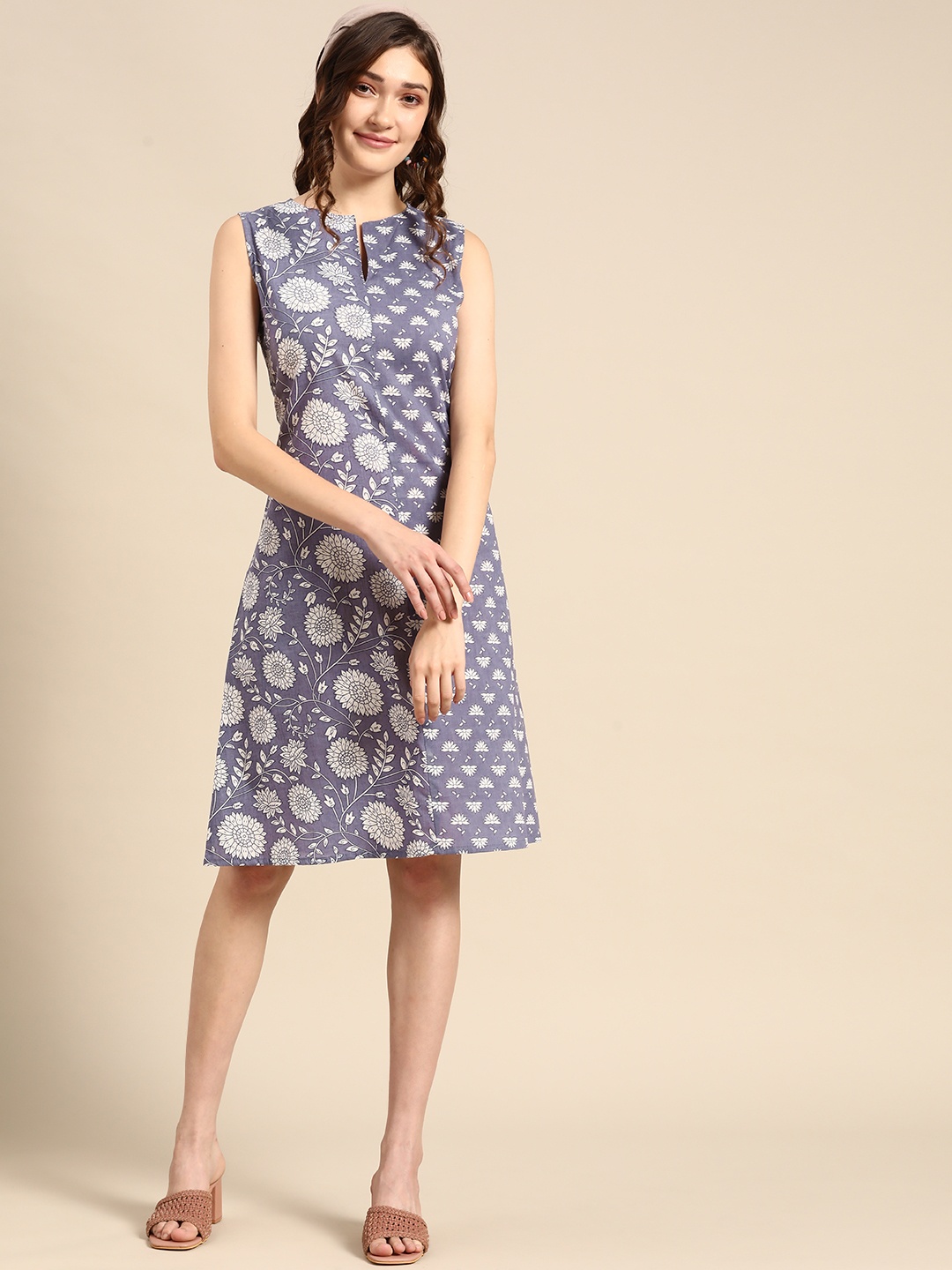 

Sangria Blue & Off White Pure Cotton Printed Ethnic A-Line Dress